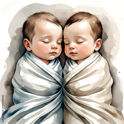 Watercolor vector of twin babies sleeping side by side in swaddles, isolated on white