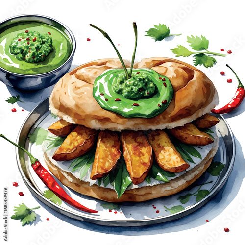 Watercolor vector of vada pav with chutney and chili, iconic Mumbai street snack, isolated