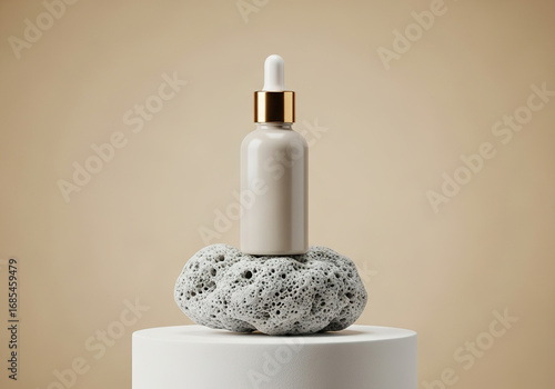 Beige Glass Dropper Bottle with Gold Cap on Stone.