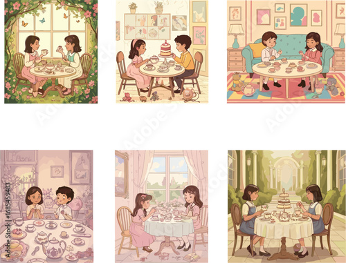 Charming children tea party illustration, indoor and garden settings, vintage decor, friendship moments, afternoon tea time, playful childhood scenes.