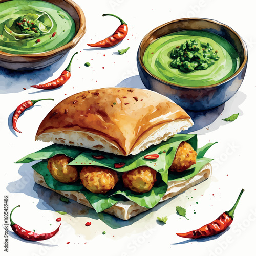 Watercolor vector of vada pav with chutney and chili, iconic Mumbai street snack, isolated