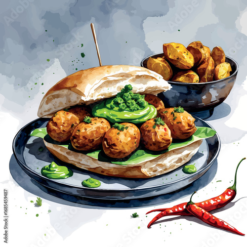 Watercolor vector of vada pav with chutney and chili, iconic Mumbai street snack, isolated
