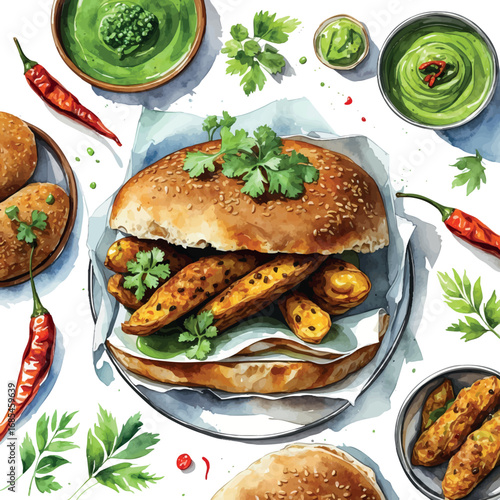 Watercolor vector of vada pav with chutney and chili, iconic Mumbai street snack, isolated
