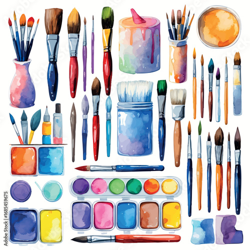 Watercolor vector of art therapy tools – brushes, paints, markers and clay – mental health support objects, isolated