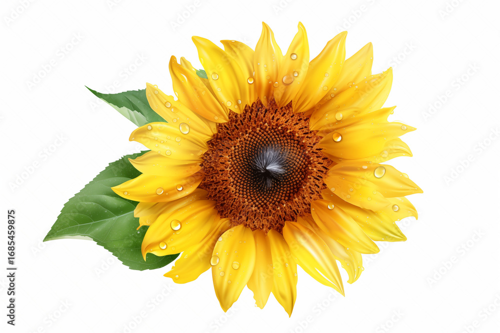 Obraz premium Sunflower with dewdrop isolated on white background
