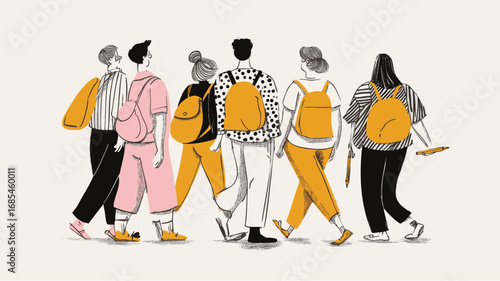 Happy school children with backpacks returning to class, teamwork friendship and education illustration design