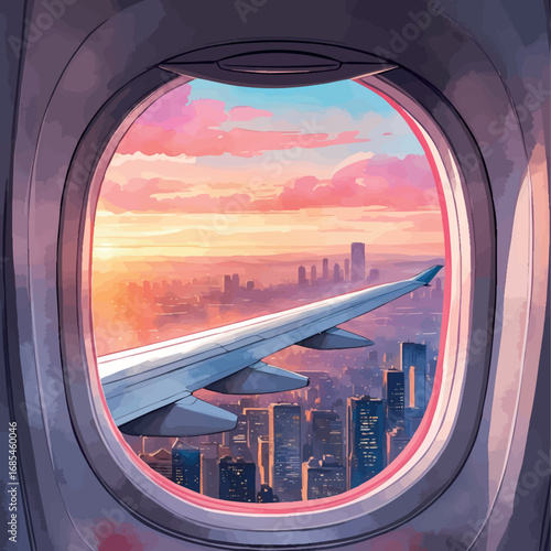 Watercolor airplane view with distant city at sunset, homesickness concept