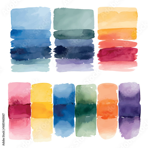 Watercolor wash technique illustration. Flat wash versus graded wash comparison with color swatches. Ideal for art education and painting guides.