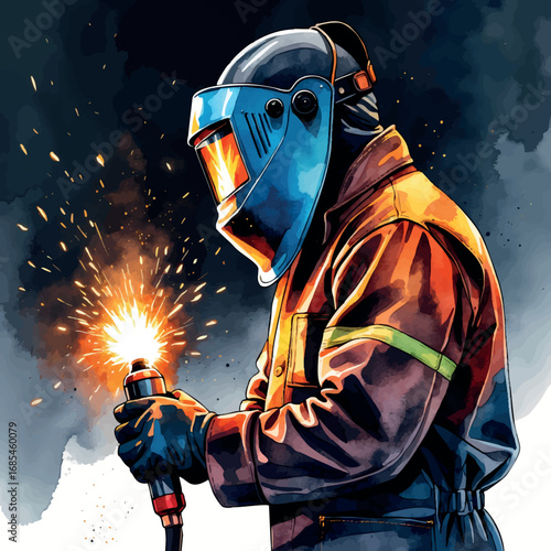 Watercolor welder in action with torch and helmet, skilled metalworker illustration