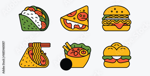 Assorted Fast Food Icons with Bold Outlines Representing Global Culinary Favorites from Tacos to Burgers and Pizza Showcasing a Variety of Delicious Options