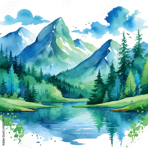 Watercolor wellness retreat landscape with mountains and lake. Serene blue and green illustration isolated on white background