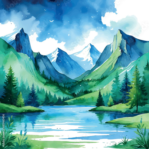 Watercolor wellness retreat landscape with mountains and lake. Serene blue and green illustration isolated on white background