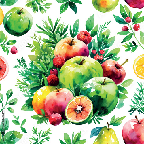 Watercolor wellness fruits and herbs composition. Vibrant healthy eating concept illustration isolated on white background