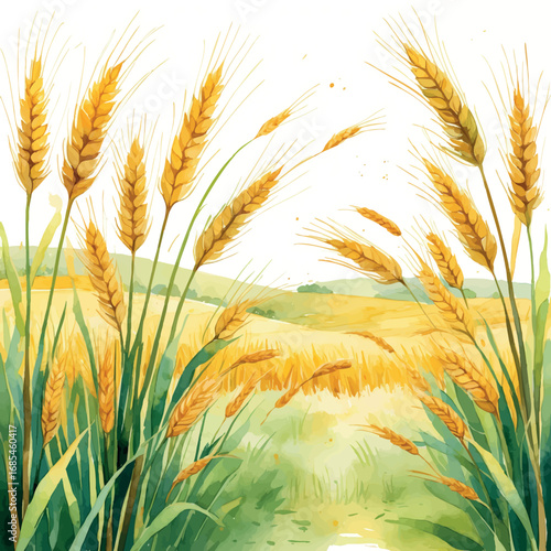 Golden Wheat Field Watercolor. Rural Farm Landscape in Soft Yellow and Green, Summer Harvest Agricultural Illustration