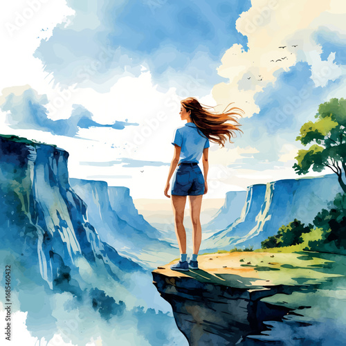 Watercolor female adventurer on cliff edge with windy hair, scenic freedom concept