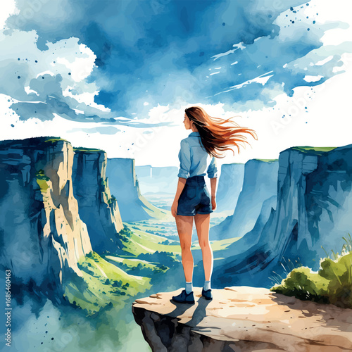 Watercolor female adventurer on cliff edge with windy hair, scenic freedom concept