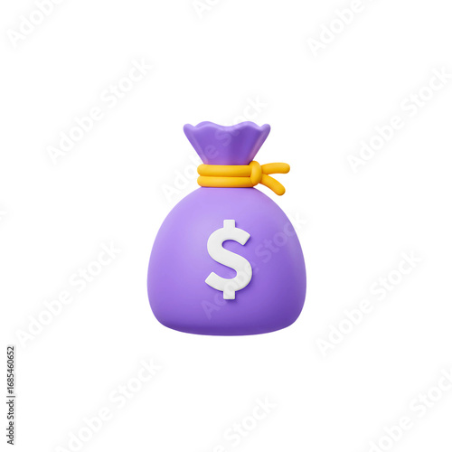 Purple money bag with dollar sign and gold tie isolated on transparent background