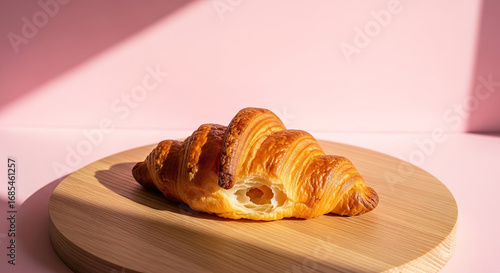 Golden Brown Croissant with Airy Interior on Wooden Board.