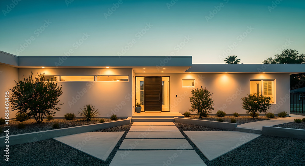 Fototapeta premium Modern Luxury House Exterior Illuminated Dusk Architecture Design