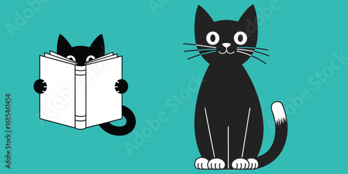 Black cat reading book and sitting calmly, educational feline character design, cute cartoon style, flat vector illustration