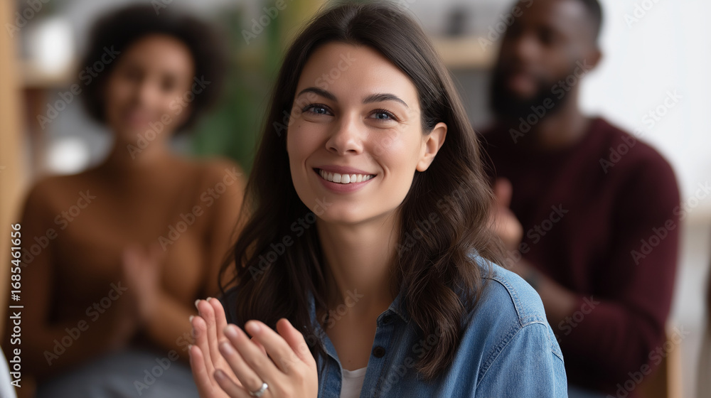 Obraz premium A therapy support group applauding a participant hands clapping with warm smiles participants seated in a safe circle under soft lighting atmosphere symbolizing sobriety