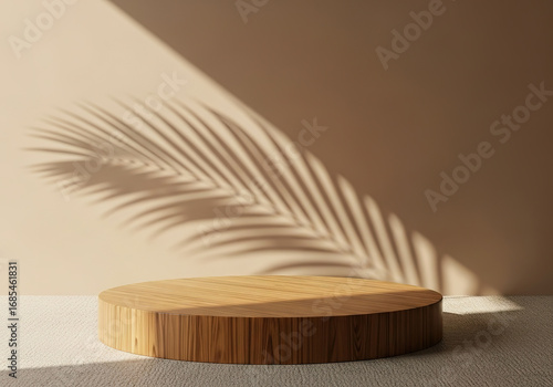 Round Wooden Display Stand with Palm Leaf Shadow.