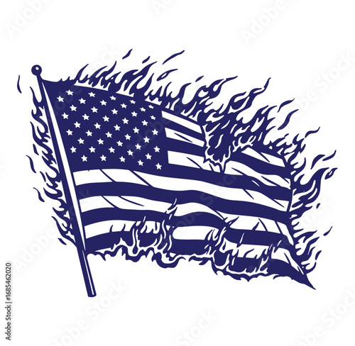 Burning american flag illustration depicting protest defiance or political commentary