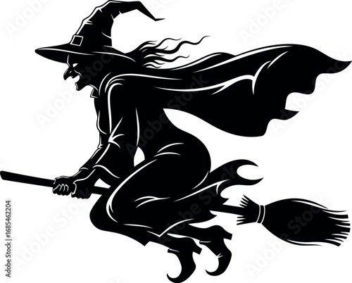 Vector vector art of silhouette of a witch flying on a broomstick at night, transparent background
