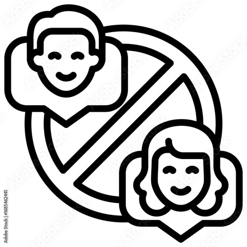 Block Users Outline Icon Design Vector - Male and female profiles with block sign, symbolizing restricted users or banned accounts