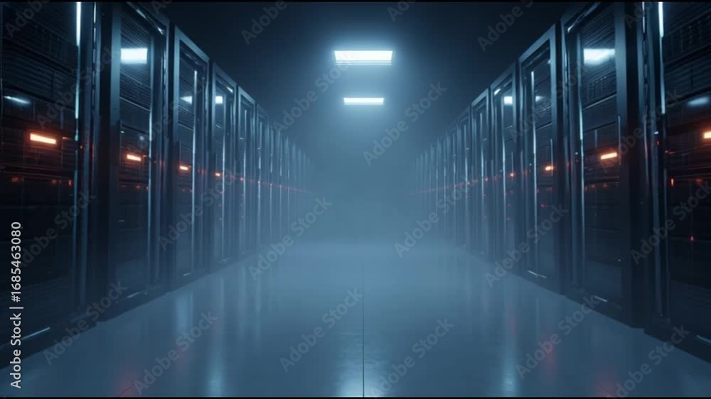 Server room corridor with symmetrical racks, subtle fog and cool LED ...