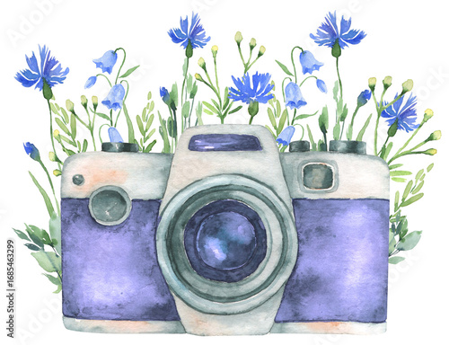 camera and flowers