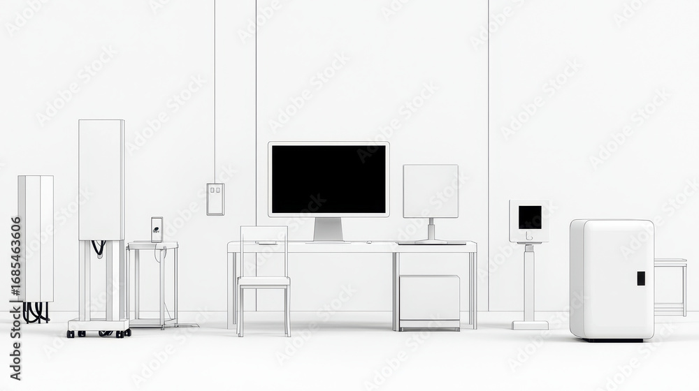 Fototapeta premium Minimalistic line drawing of various electronic devices including computer, monitor, and appliances in clean, modern workspace