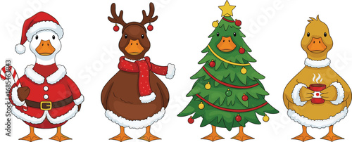 Christmas ducks, Santa costume, reindeer outfit, Christmas tree duck, winter drink, festive cartoon birds, holiday theme, cad drawing, flat vector illustration