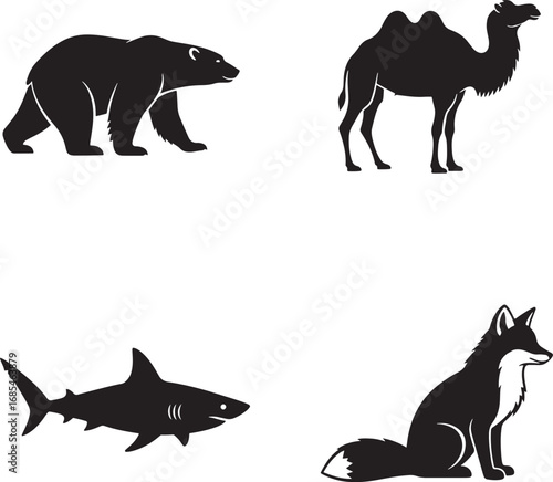 Diverse Animal Silhouettes Collection Including Bear Camel Shark and Fox in Black and White
