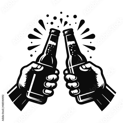 Cheers and toasting two beer bottles in a vector illustration on a white background.