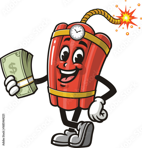 TNT Dynamite mascot cartoon holding cash