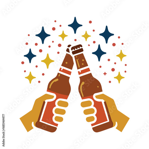 Cheers and toasting two beer bottles in a vector illustration on a white background