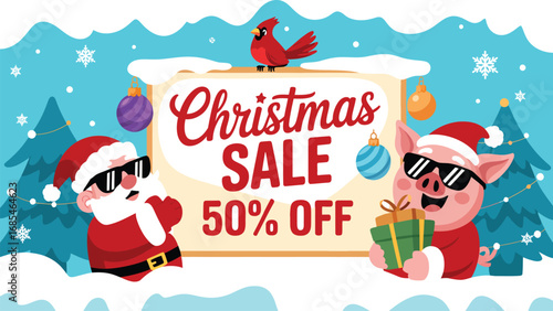 Christmas sale banner with santa claus and pig wearing sunglasses holding gift boxes in winter holiday illustration
