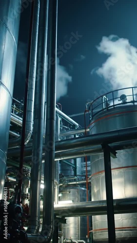 Modern Industrial Factory with Smoke at Night