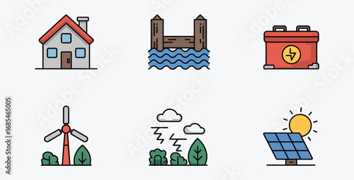 Collection of environment and energy related vector icons showing renewable sources and residential building solutions promoting sustainability and conscious living