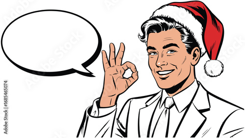 Retro comic businessman wearing santa hat with hand gesture and speech bubble
