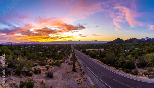 A scenic highway winds through a desert landscape at sunset, showcasing vibrant colors and a tranquil vista.