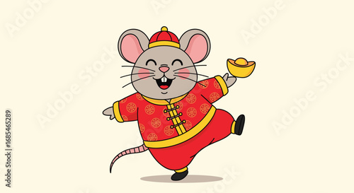 Joyful cartoon rat celebrating lunar new year in traditional festive attire holding golden ingots