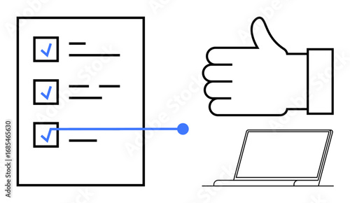 Checked task list, thumbs-up hand gesture, and laptop suggesting productivity, approval, teamwork, organization, goal tracking, remote work and planning. Ideal for corporate goals simple landing