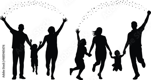 Flat vector illustration of happy family silhouettes with children playing and stars, symbolizing love, joy, parenting, bonding, celebration, and unity