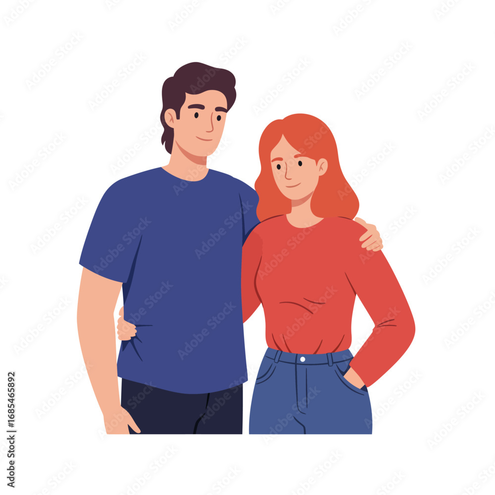 Fototapeta premium Young couple standing close together with arms around each other showing affection and connection