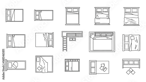 Beds Outline Top View Icons Set | Thin Line Floor Plan Symbols for Interior and Architectural Design