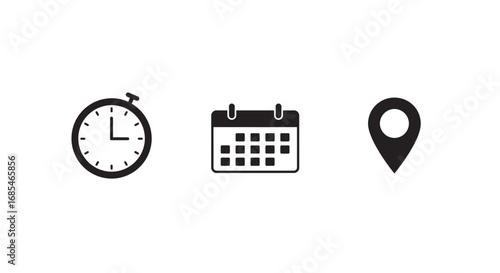 Simple black icons representing time clock calendar and location pin on a white background