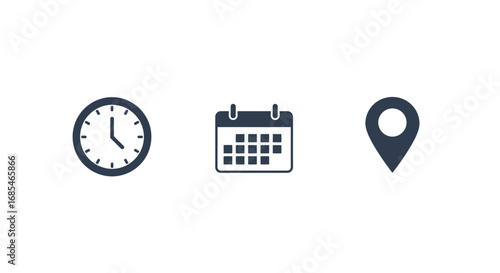 Simple flat icons representing time clock calendar and location pin on a white background