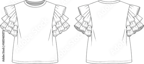 Women’s ruffle sleeve top, front and back view, technical fashion sketch, garment design, cad drawing flat vector illustration